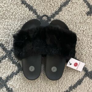Pure Barre Black Faux Fur Slippers